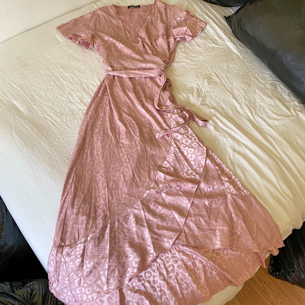 Dusty Rose Asymmetrical Leopard Satin Dress